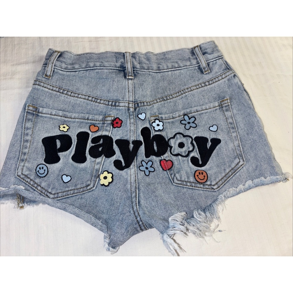 PLAYBOY PACSUN HIGH WAISTED DENIM JEAN CUT OFF SHORTS 24